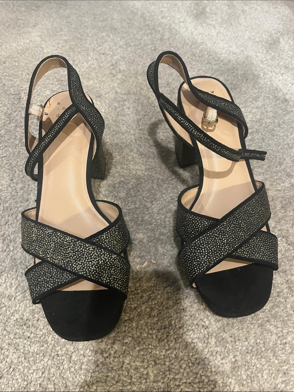a new day Black Glitter Crisscross Block Heel Sandals